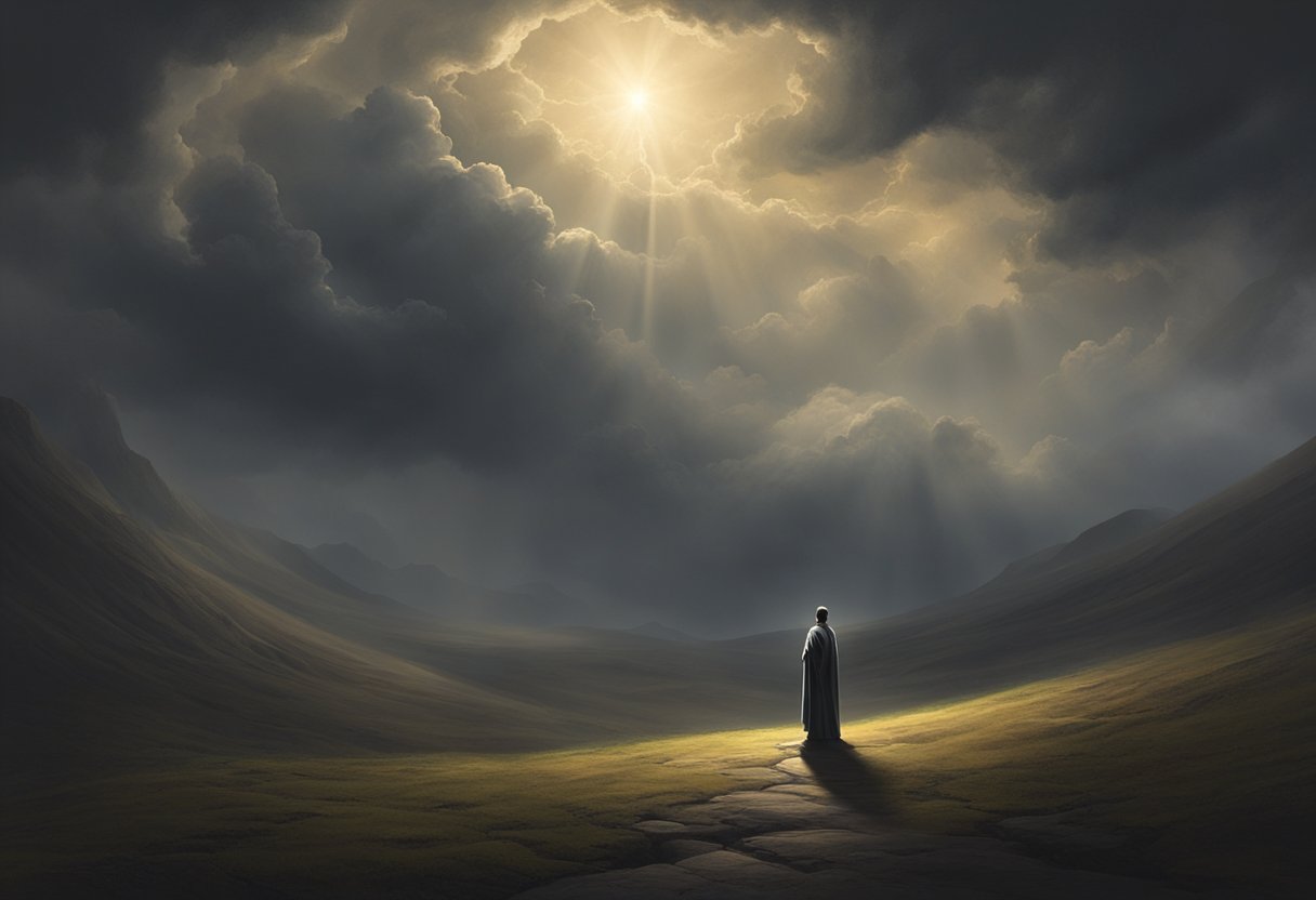 A lone figure stands in a desolate landscape, surrounded by swirling dark clouds. A beam of light breaks through the darkness, illuminating the figure as they raise their arms in prayer against the temptations and sin that threaten to consume them