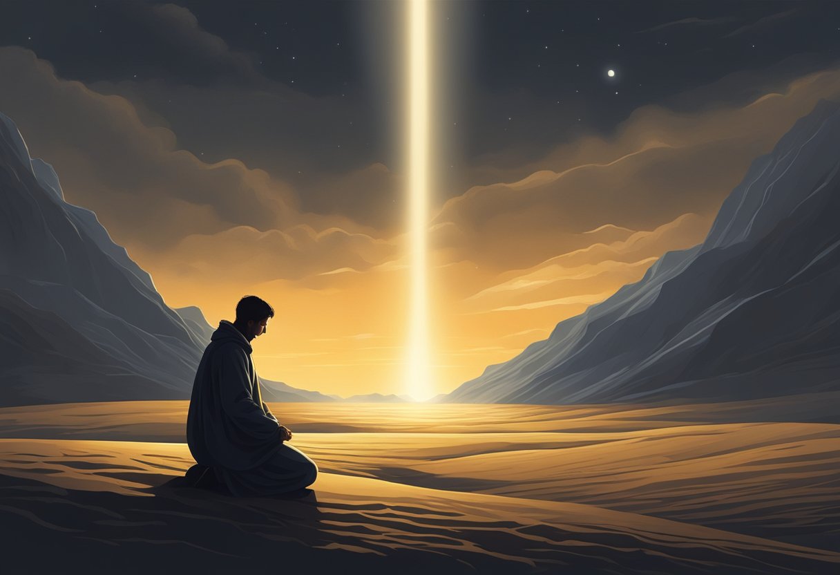 A lone figure kneels in a dark, desolate landscape, surrounded by swirling shadows. Above, a radiant light breaks through the darkness, illuminating the figure in prayer