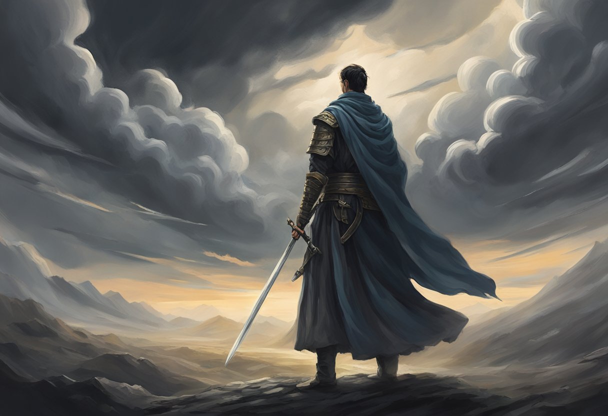 A lone figure stands in a battlefield, surrounded by swirling dark clouds. They raise a sword towards the sky, while their eyes are closed in deep concentration. A sense of determination and spiritual strength emanates from their posture