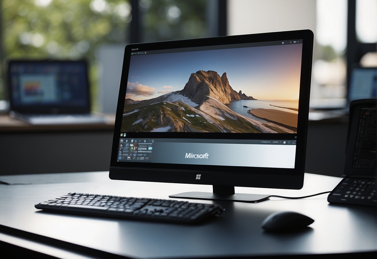 A sleek, modern workspace with a large computer monitor displaying the Microsoft logo. A stylus and digital drawing tablet sit on the desk