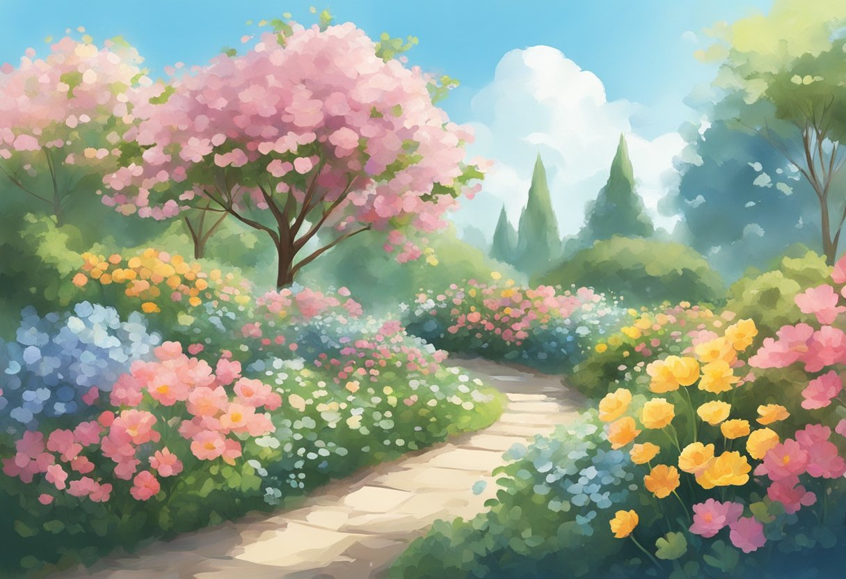 A garden with blooming flowers and a clear blue sky, with a soft breeze blowing through the air