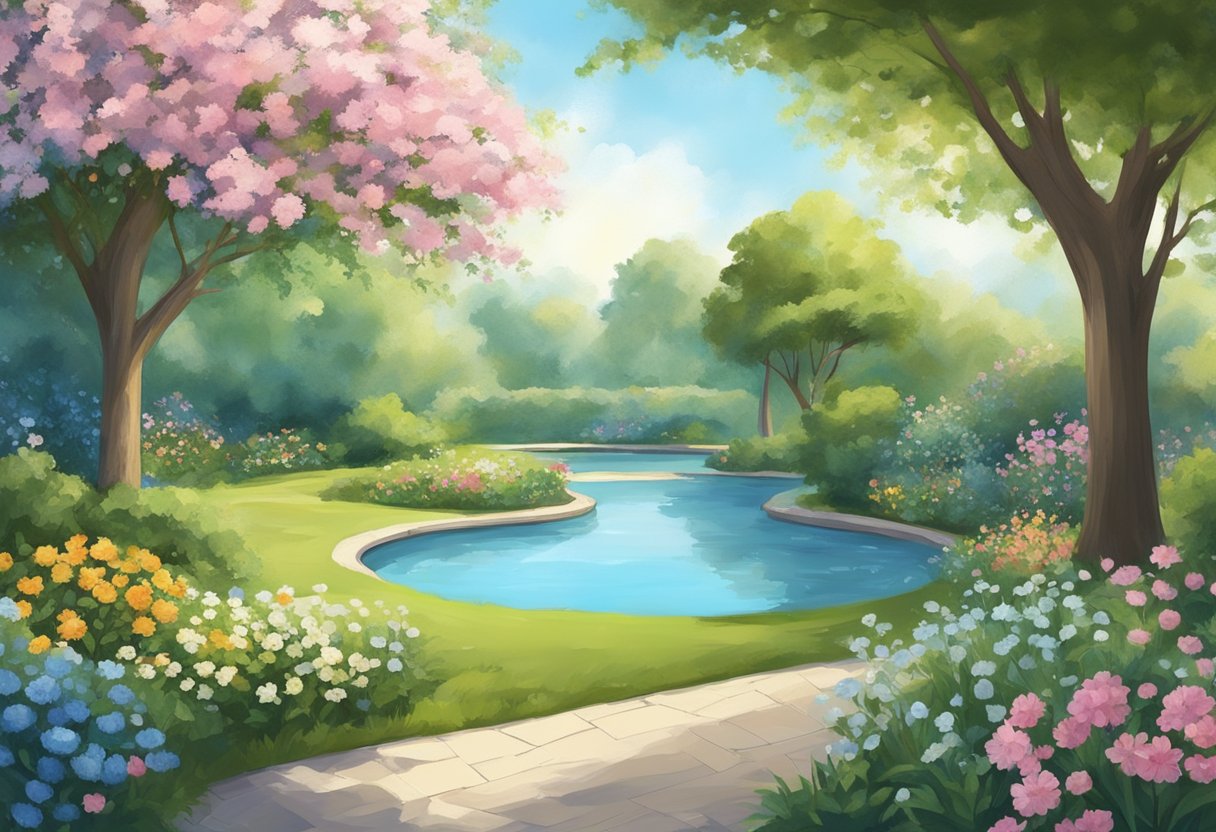 A serene garden with blooming flowers and a clear blue sky, with a peaceful atmosphere and a sense of hope and longing for a child
