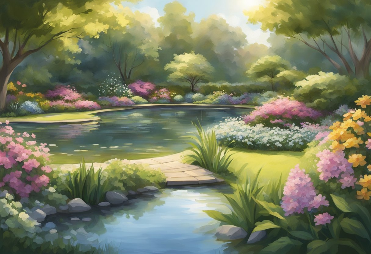 A serene, sunlit garden with blooming flowers and a peaceful pond, evoking a sense of hope and tranquility for those seeking to adopt