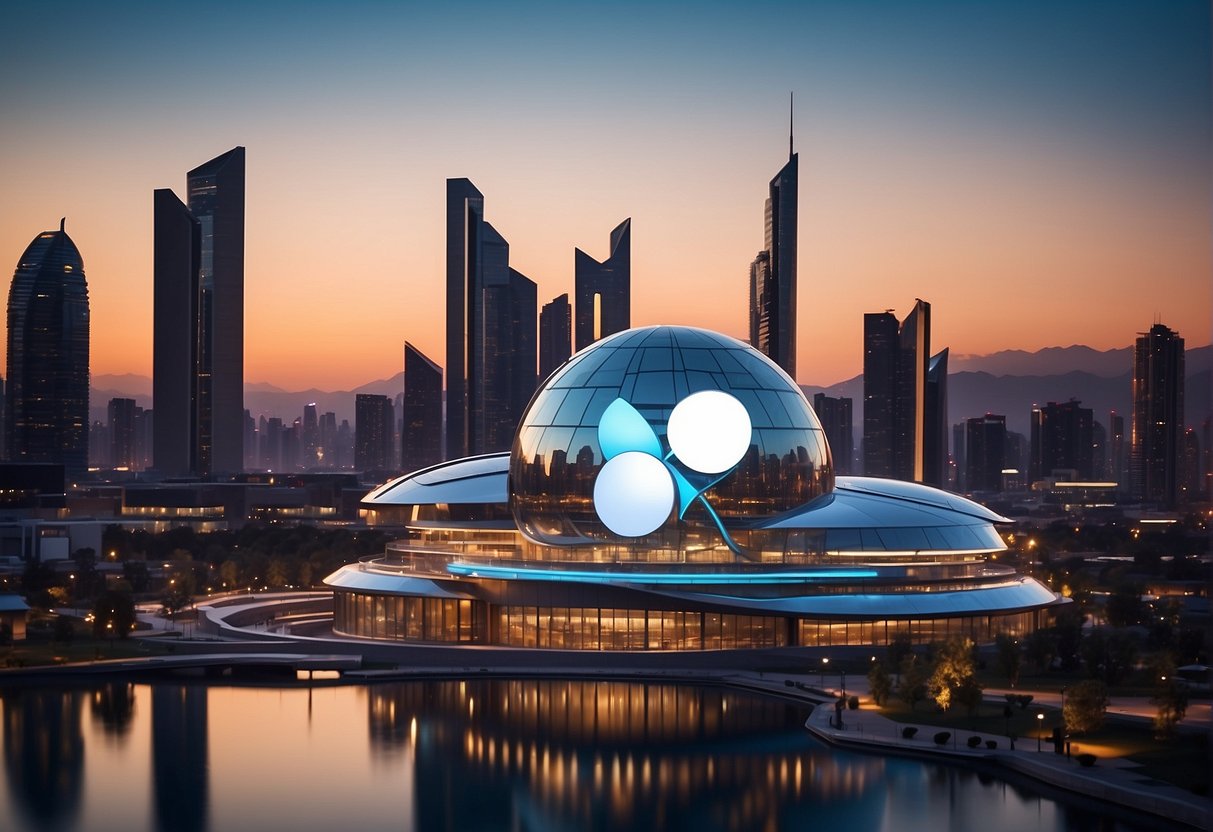 A futuristic cityscape with sleek, modern buildings featuring the Microsoft logo prominently displayed on the exterior. The skyline is illuminated with vibrant, cutting-edge technology