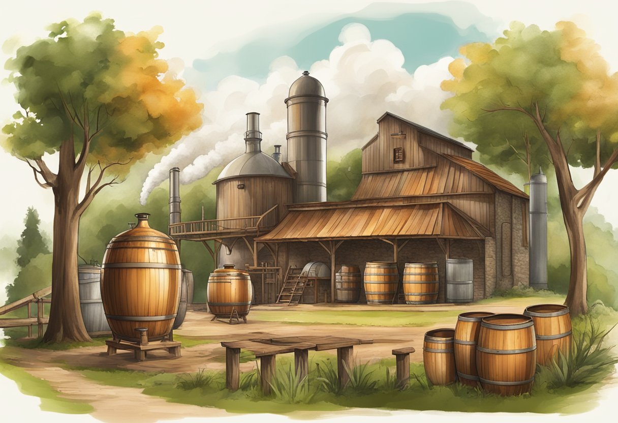 "Alambiques" - A rustic distillery set in a lush countryside, with copper stills, wooden barrels, and steam rising from the boiling liquid