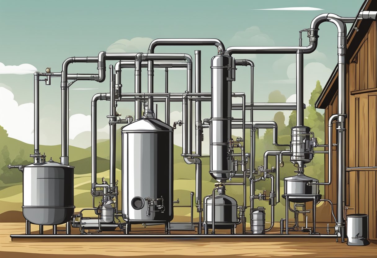 A traditional distillation process with alambiques, showing the heating and condensing of liquid in a rustic setting