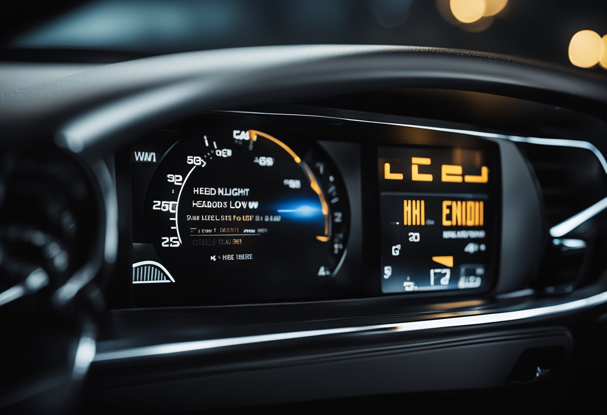 A car dashboard with a warning light illuminated and the text "Check Headlight Low" displayed on the screen