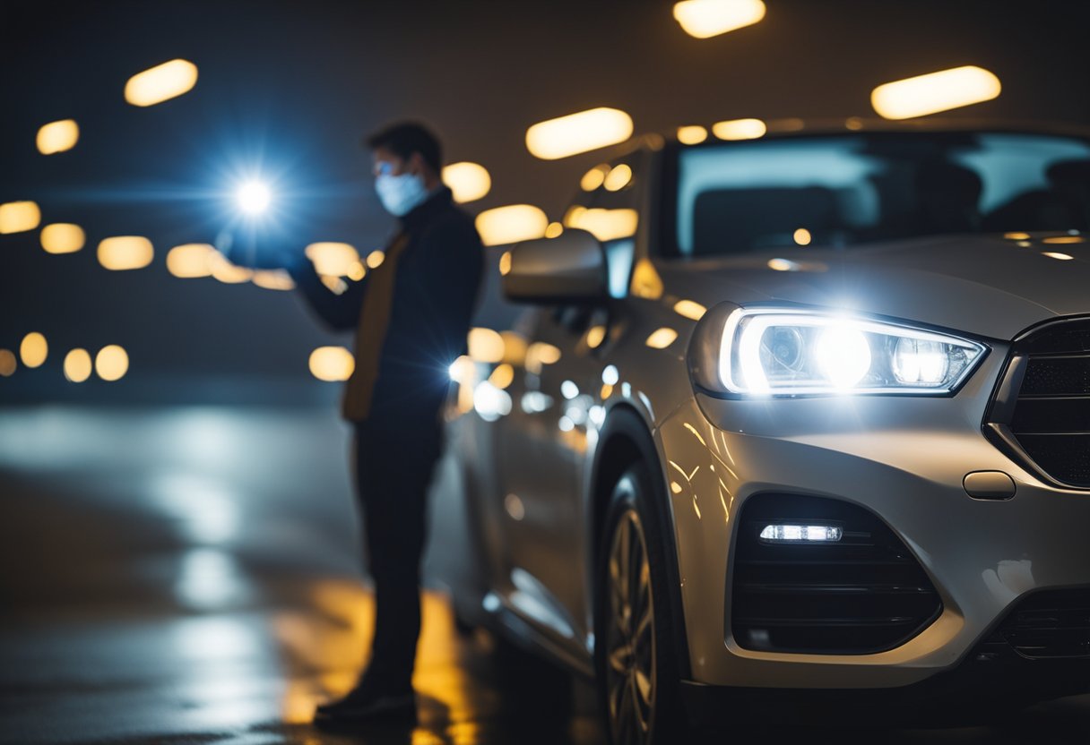 A person checking car headlights with a flashlight, looking at the low beam indicator, and inspecting the headlight housing for any signs of damage or wear