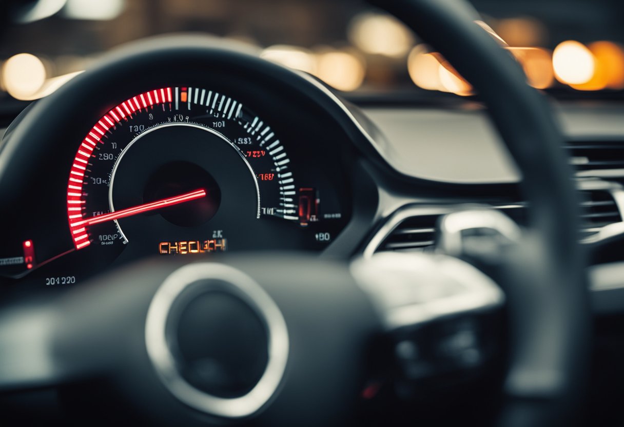 A car dashboard with a warning light displaying "Check Headlight Low" in red