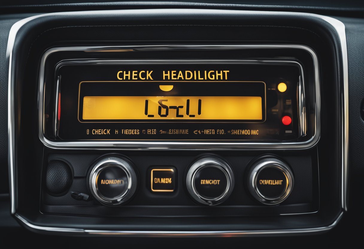 A car dashboard with a warning light illuminated, displaying the message "Check Headlight Low."