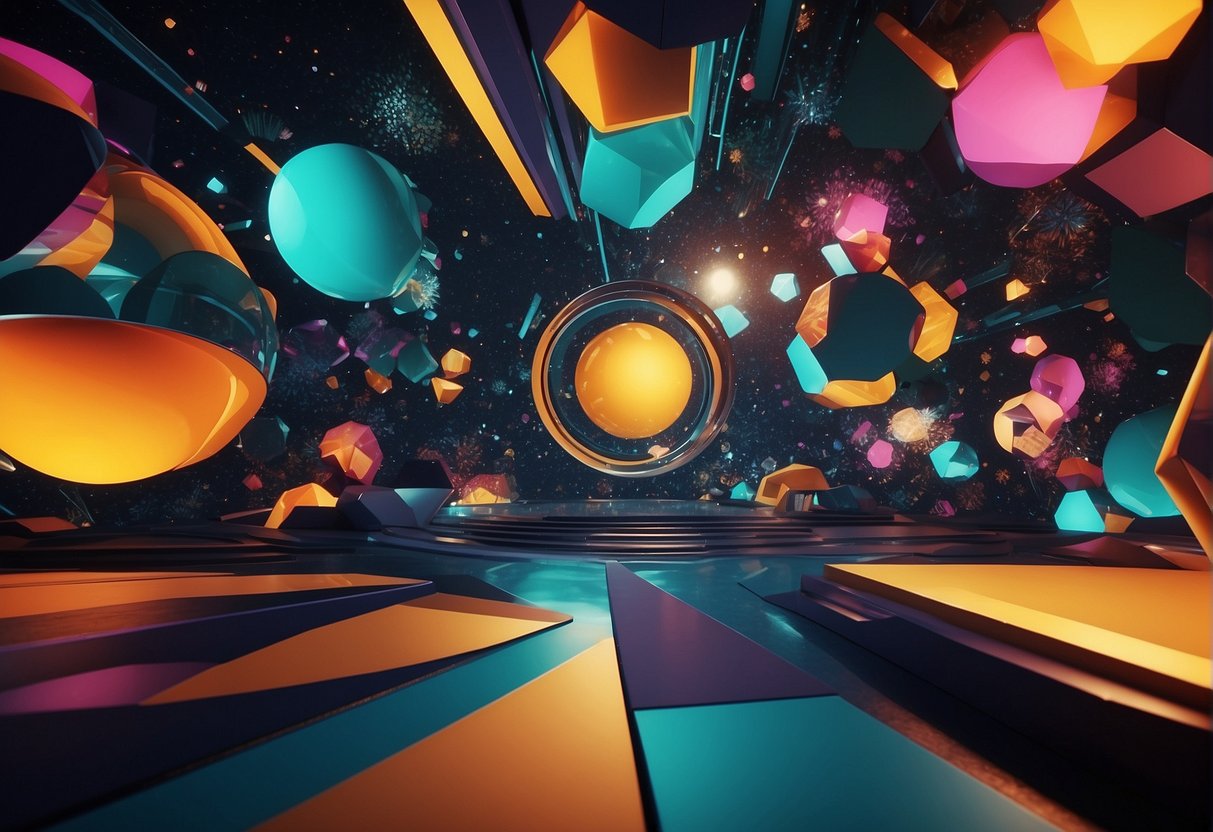 A colorful, abstract landscape with geometric shapes and vibrant patterns, showcasing the innovative use of technology in a futuristic setting