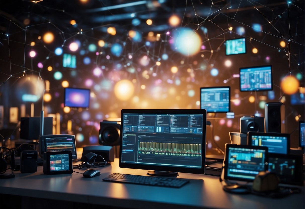An AI system processes data, generating colorful visual outputs, surrounded by various technological devices and tools