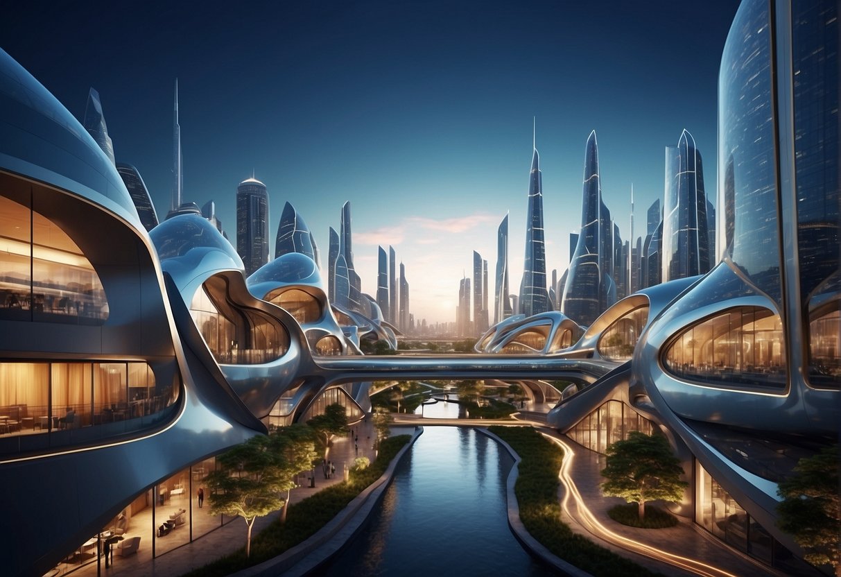 A vibrant cityscape with futuristic buildings, flowing lines, and dynamic shapes. The scene is filled with bright colors and energetic movement, creating a sense of creativity and innovation