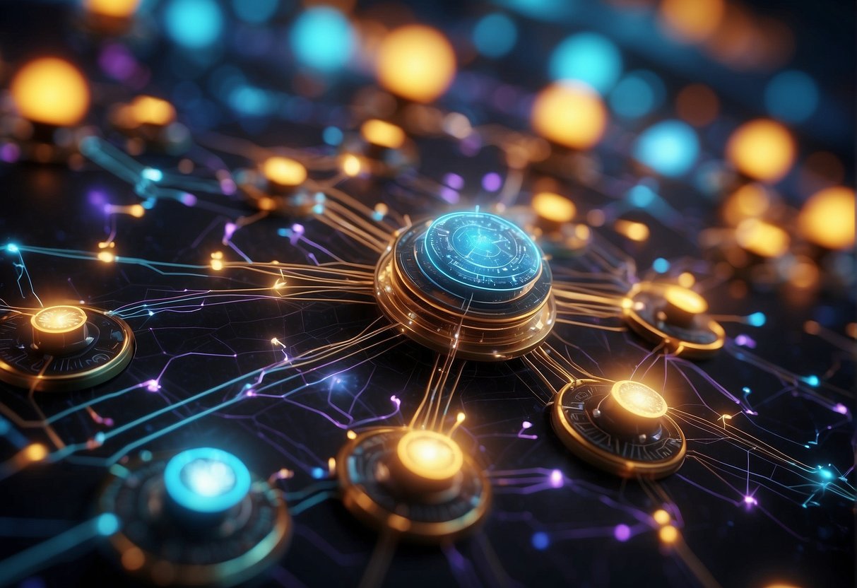 A vibrant digital interface with multiple interconnected nodes and data streams, surrounded by dynamic energy fields and glowing symbols