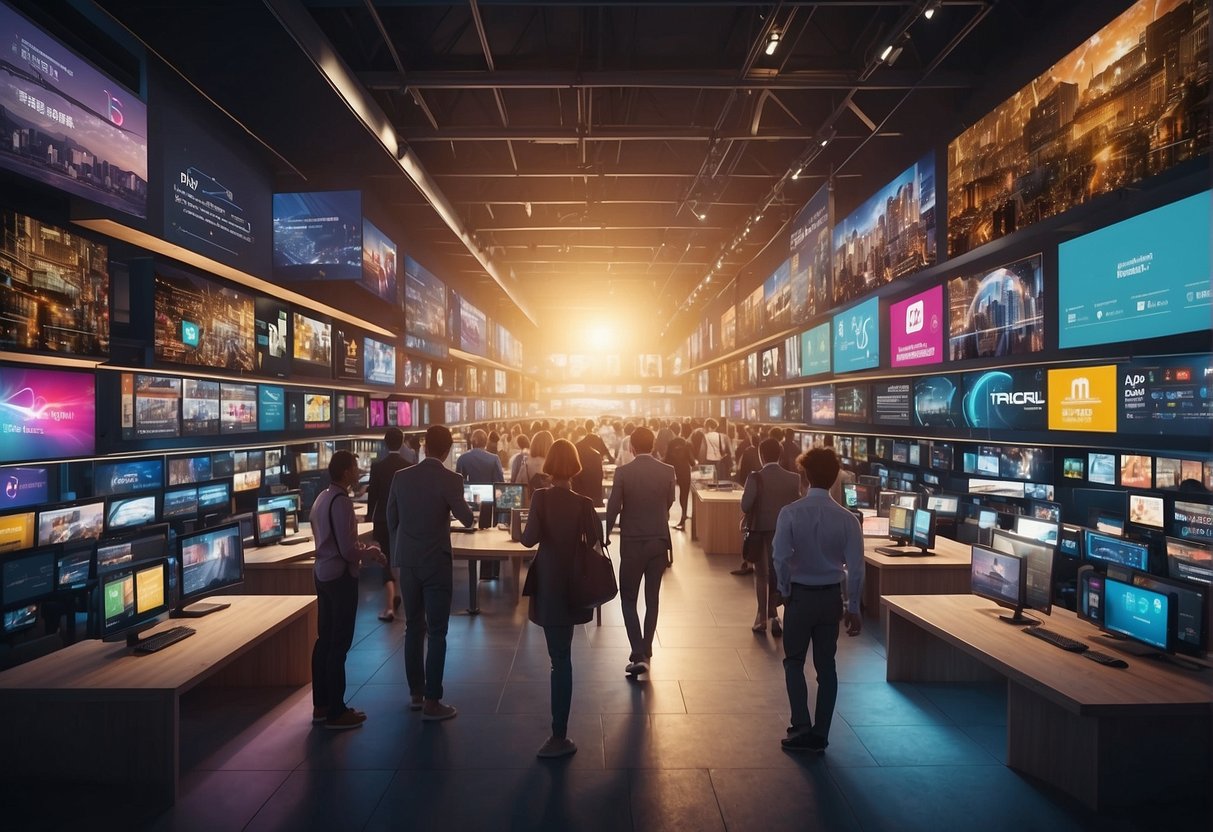 A bustling digital marketplace with colorful logos and icons representing popular no-code AI platforms, surrounded by tech-savvy individuals