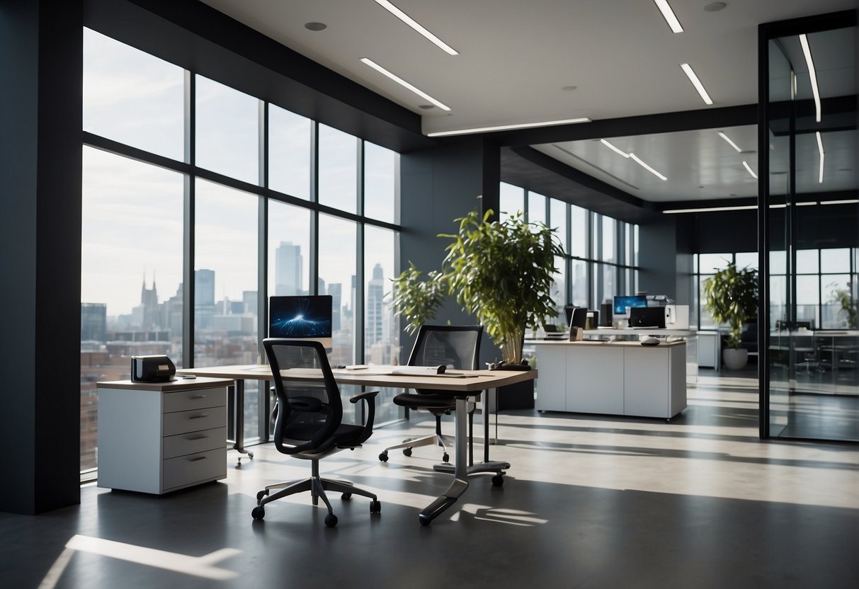 A sleek, modern office space with large windows and minimalist furniture. Computer screens display intricate AI algorithms and architectural designs