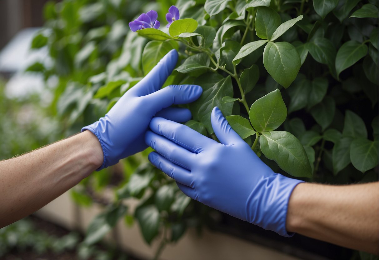 A pair of gardening gloves pulling up vinca vine by the roots