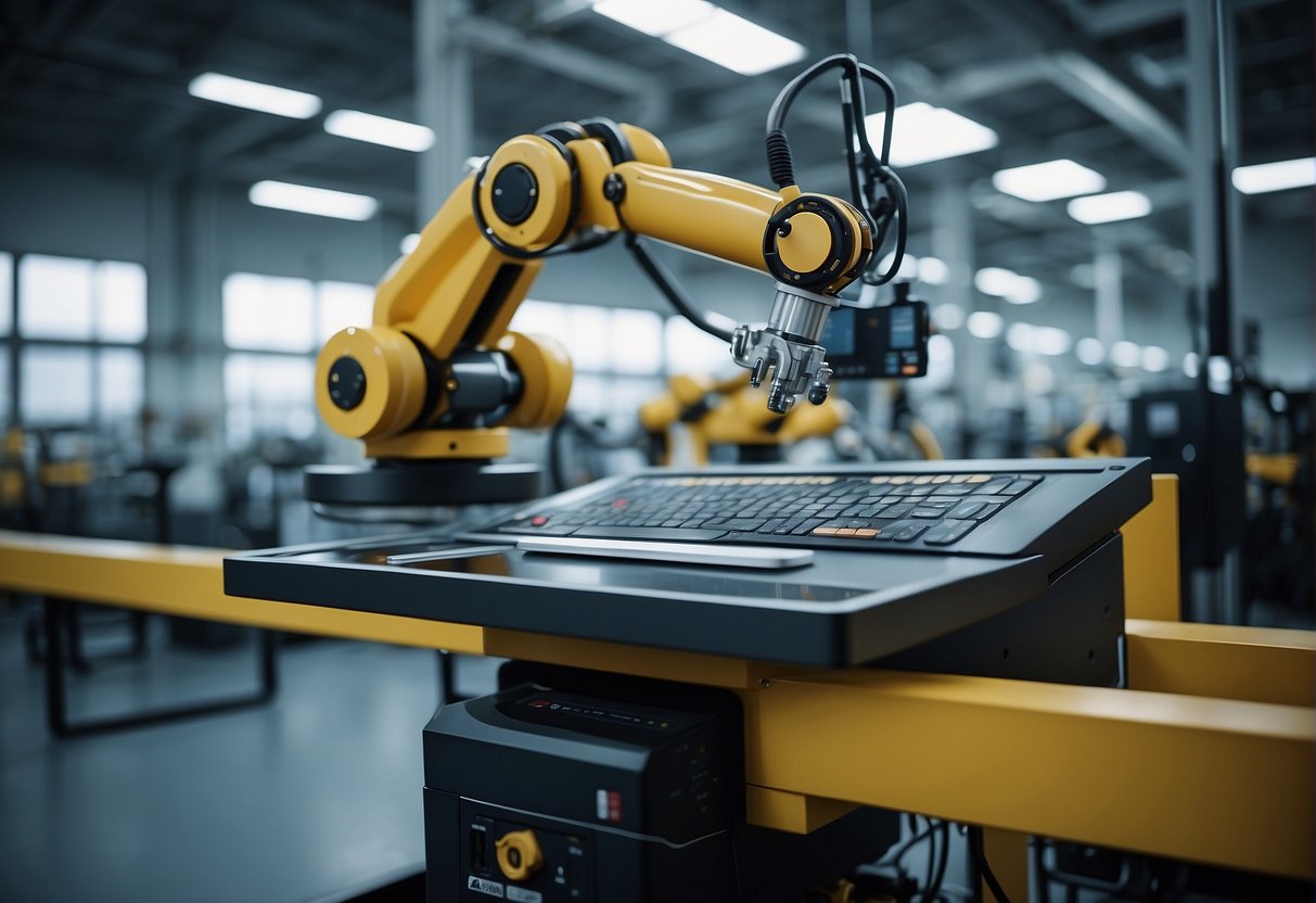 A factory floor with robotic arms operating machinery, while a computer screen displays a user-friendly interface for a no-code AI platform