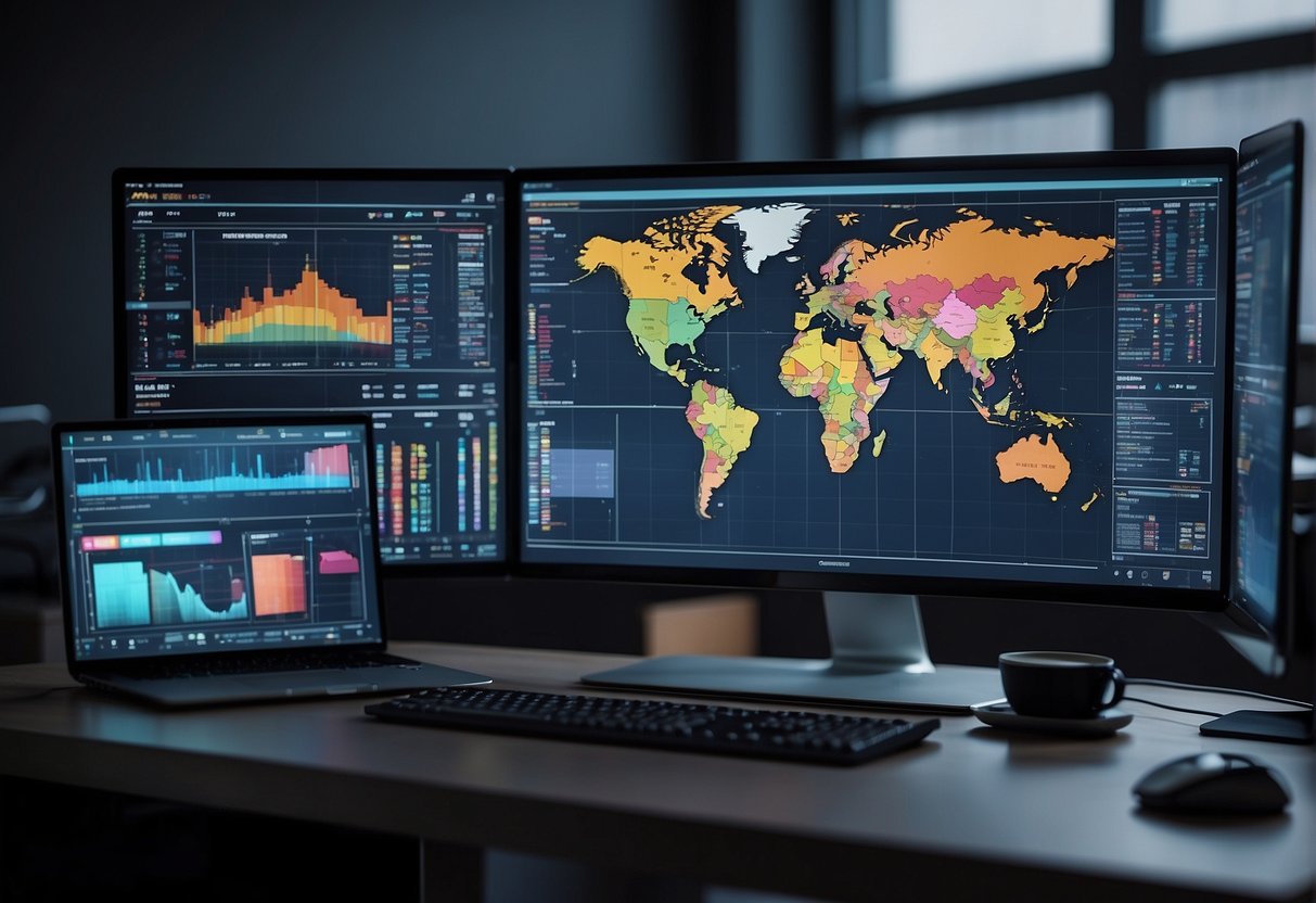 A computer screen displaying a no-code AI platform, with colorful graphs and charts, surrounded by various technological devices and tools