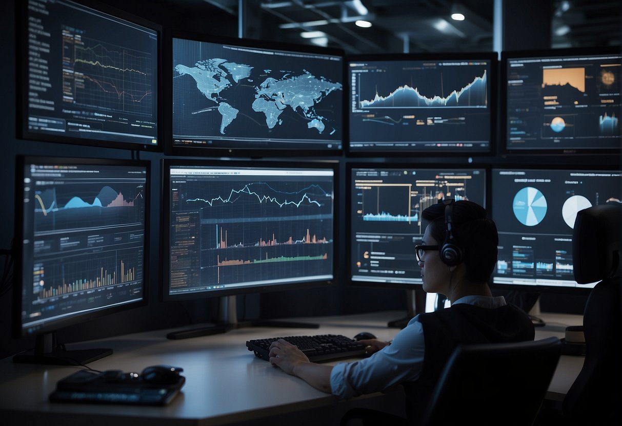 A computer screen displays data being analyzed by AI software, with various charts and graphs visible