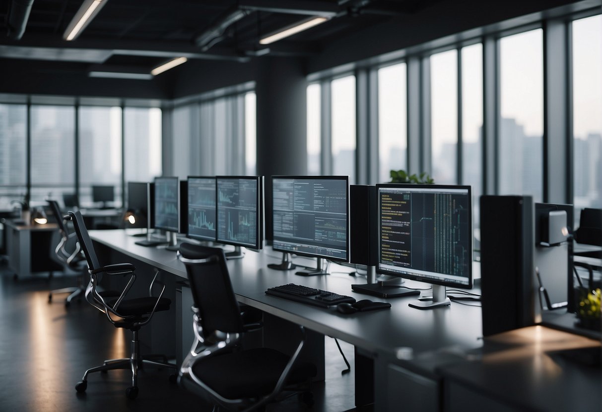 A sleek, modern office setting with computer screens displaying security and compliance data. A no-code AI platform logo prominently featured