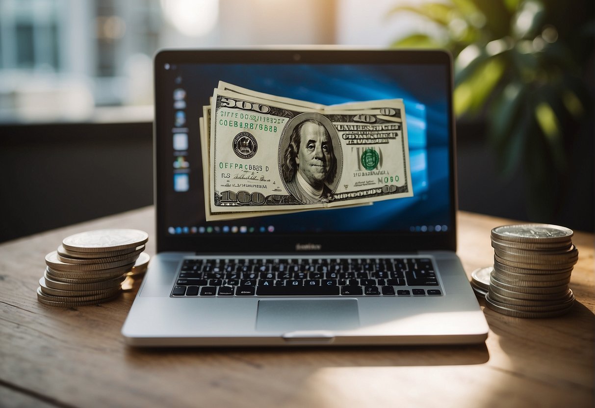 A laptop displaying "Make money with ChatGPT" surrounded by dollar bills and coins