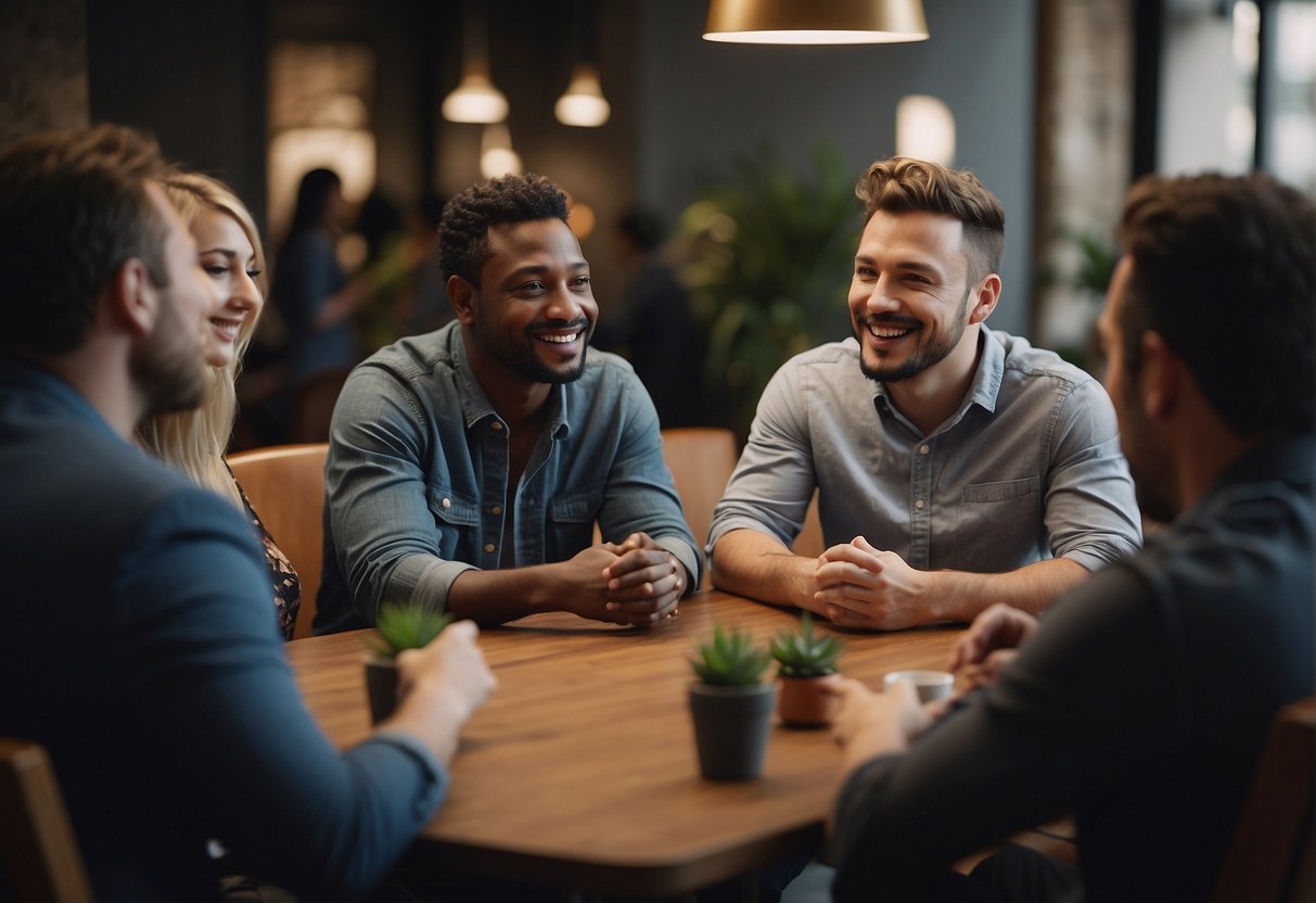 A diverse group of people engage in lively discussions and exchange ideas, while earning income through ChatGPT's community platform