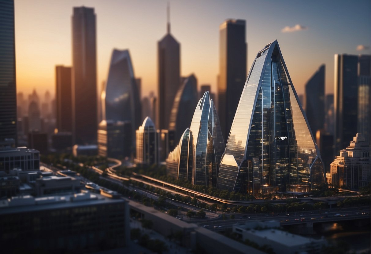 A bustling city skyline with ChatGPT logo on prominent buildings, surrounded by financial charts and graphs