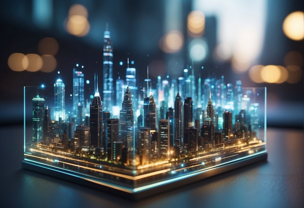 A futuristic cityscape with ChatGPT hologram generating money