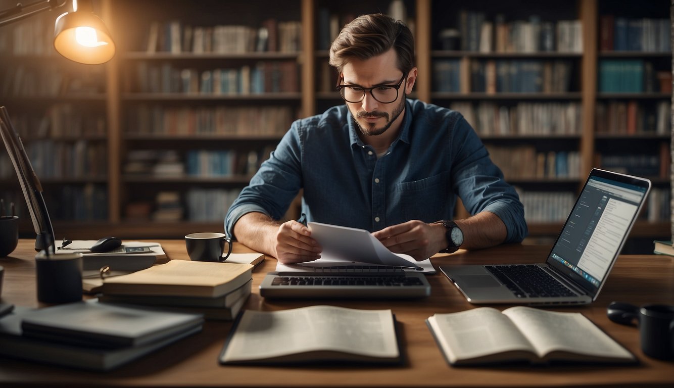 A person sitting at a desk, surrounded by open books and a laptop, with a notepad and pen, researching and selecting keywords for blog writing