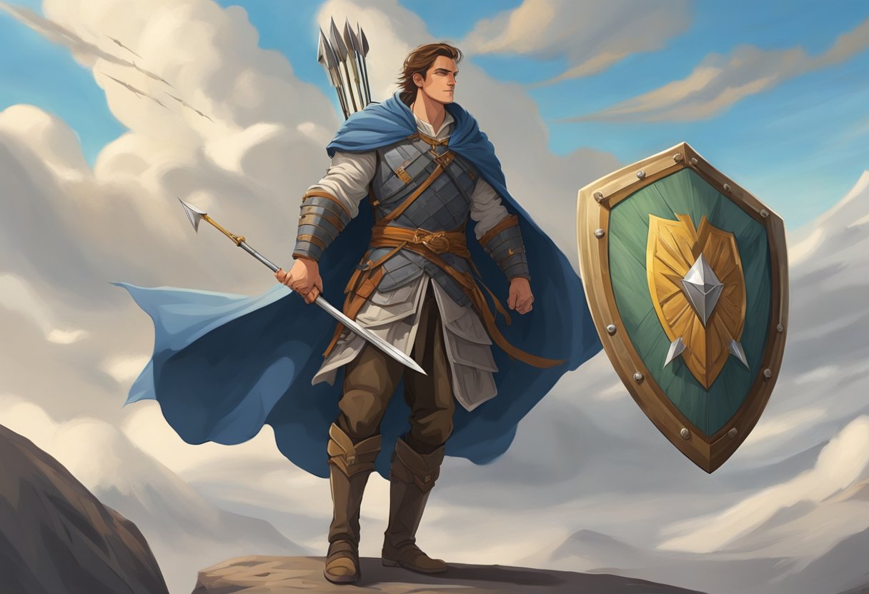 A sturdy shield is held high, deflecting arrows and swords. A traveler's cloak billows in the wind, offering protection during their journey