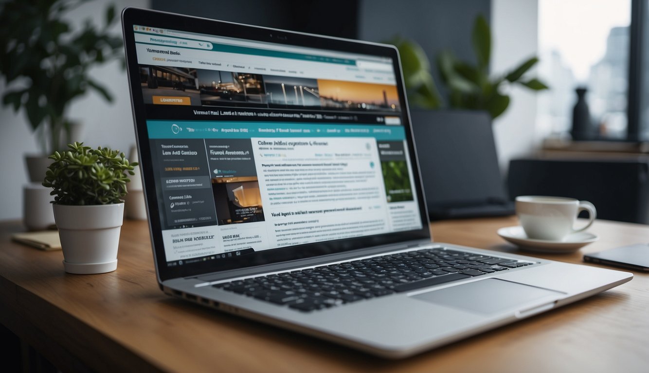 A laptop with a blog post on the screen, surrounded by SEO-related books and a promotional strategy chart on the wall