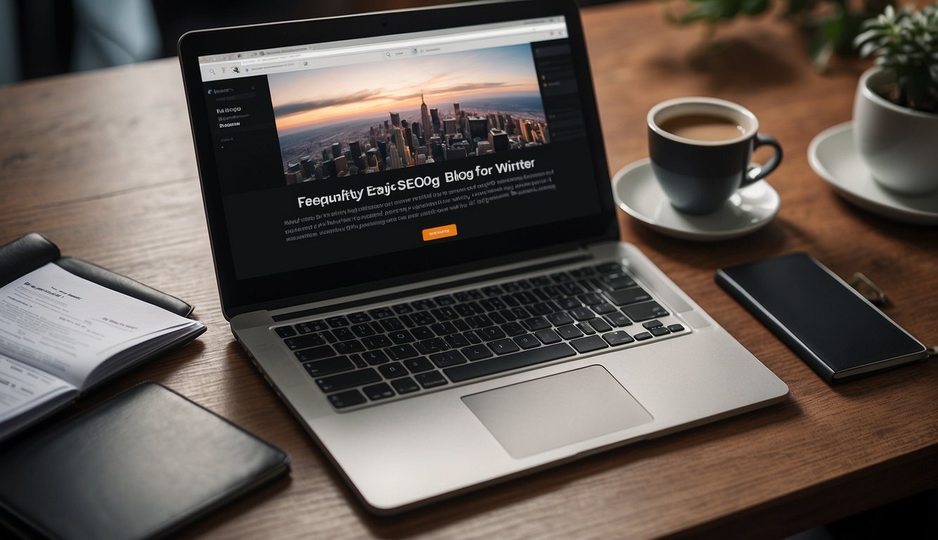 A laptop open on a desk with a blog post titled "Frequently Asked Questions Basic SEO for blog writers" displayed on the screen. A notebook and pen sit next to the laptop