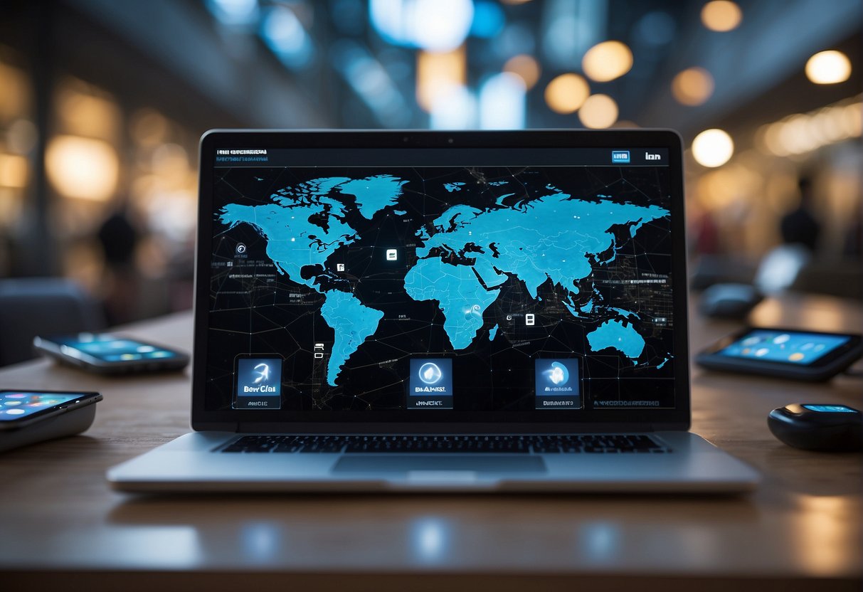 A bustling digital marketplace with AI logos, diverse tech devices, and global map backdrop