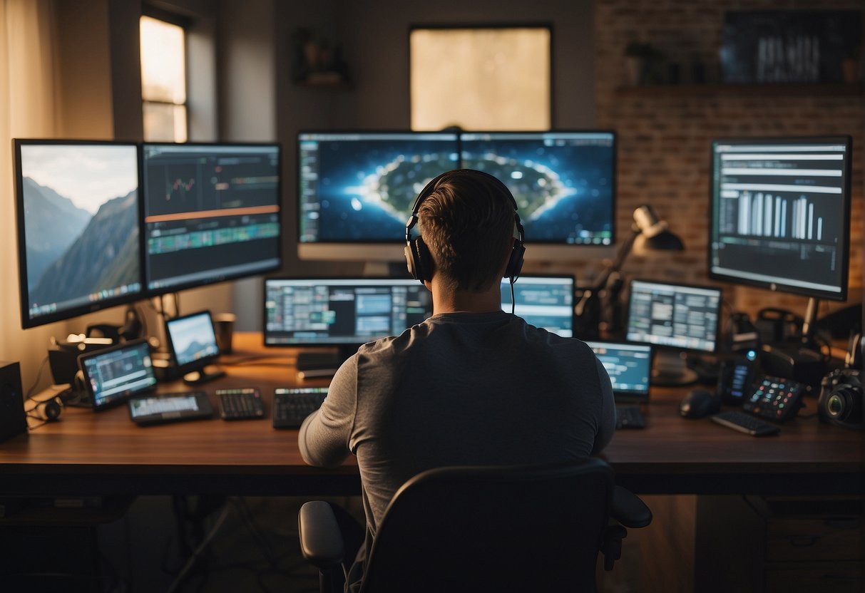 An AI freelancer sits at a computer, surrounded by screens and tech gadgets, working on a project. The room is filled with natural light, creating a modern and professional atmosphere