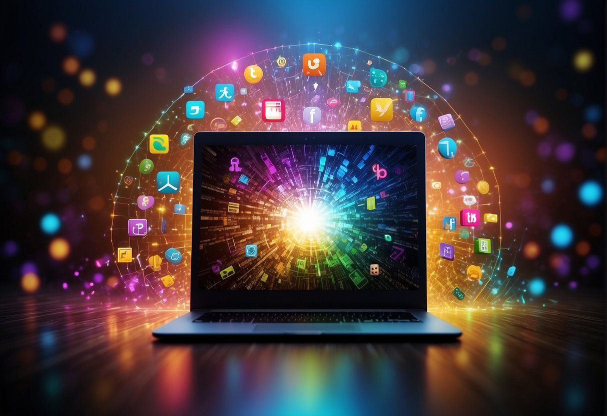 A computer surrounded by colorful AI symbols, with a burst of light representing creativity, and a stream of output flowing from the screen