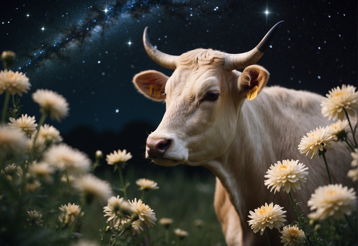 A peaceful Taurus gazes at the stars, surrounded by blooming flowers and a serene atmosphere, embodying love and harmony