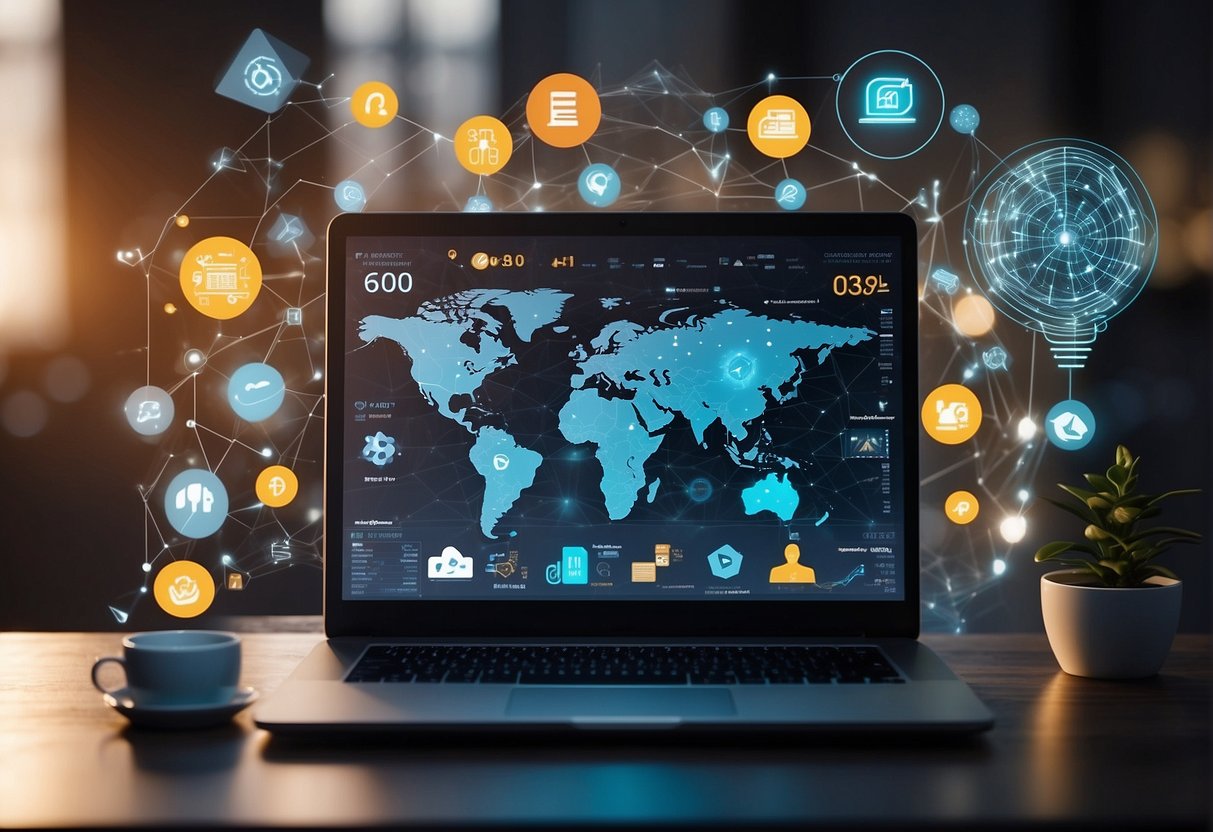 An AI algorithm works on a laptop, surrounded by icons of various freelancing platforms. The screen displays a graph of the gig economy's growth