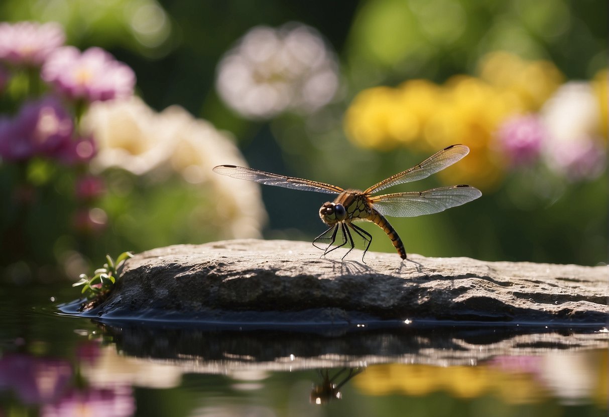 Dragonflies hover over a clear pond, surrounded by colorful flowers. Citronella candles repel mosquitoes, while a small fountain provides a gentle, inviting water source for dragonflies