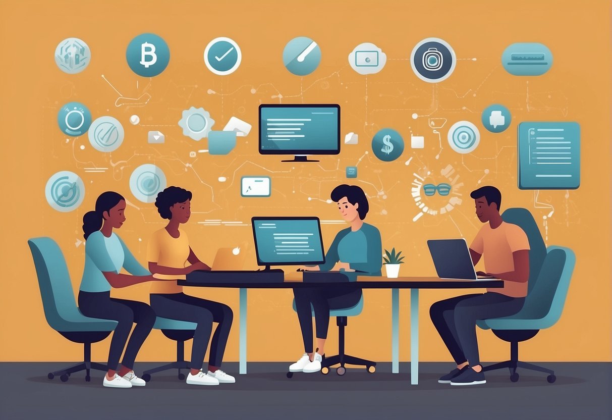 A diverse group of AI freelancers working on laptops, surrounded by various AI tools. One freelancer is adjusting settings while another reviews code for potential biases