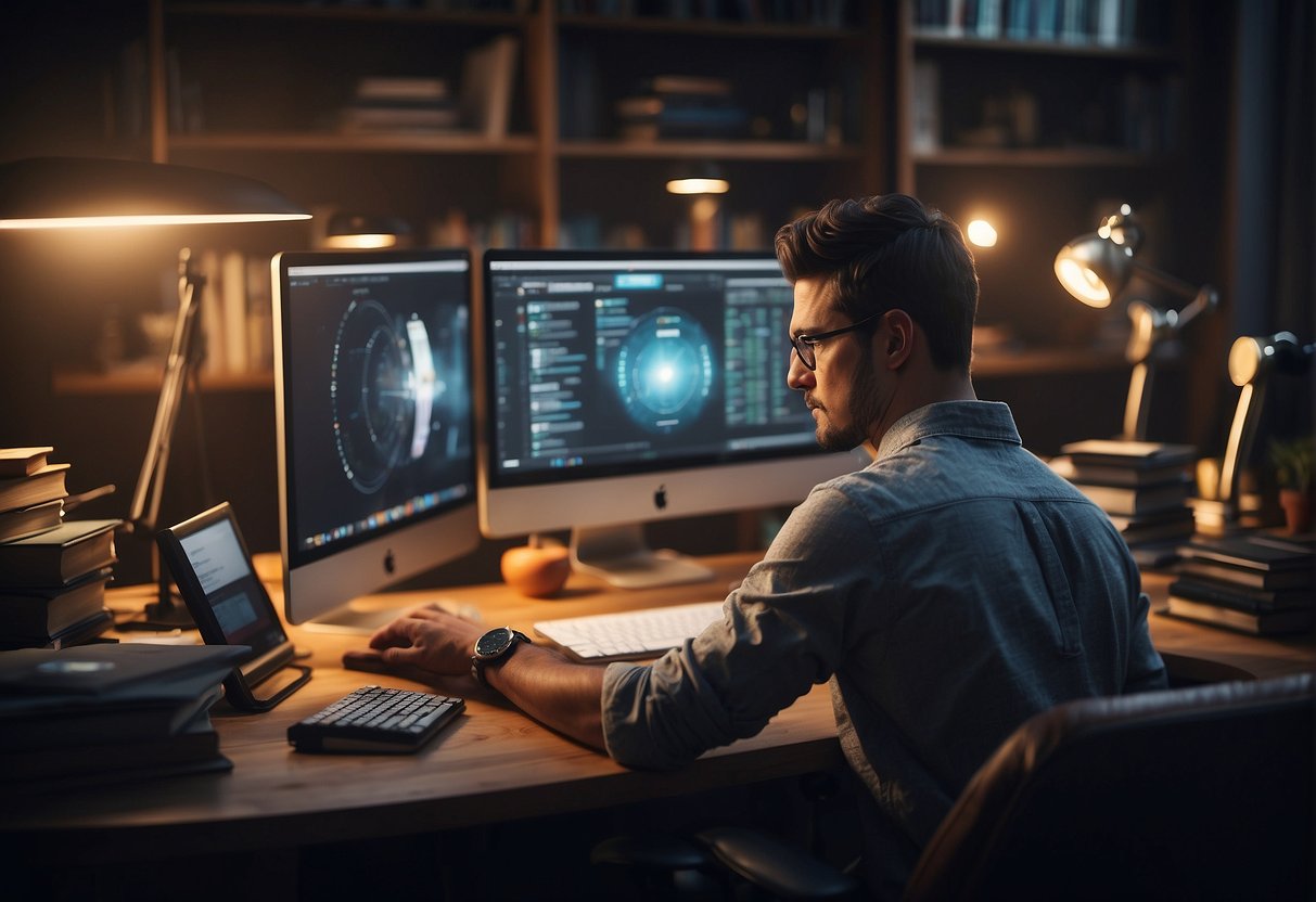 An AI freelancer sits at a desk, working on a computer. Surrounding the freelancer are books, online courses, and a variety of skill development resources