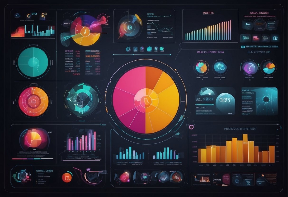 Various AI logos and charts surround a central computer screen, displaying data comparisons and analysis. A team of AI competitors is visually represented through colorful graphs and statistics