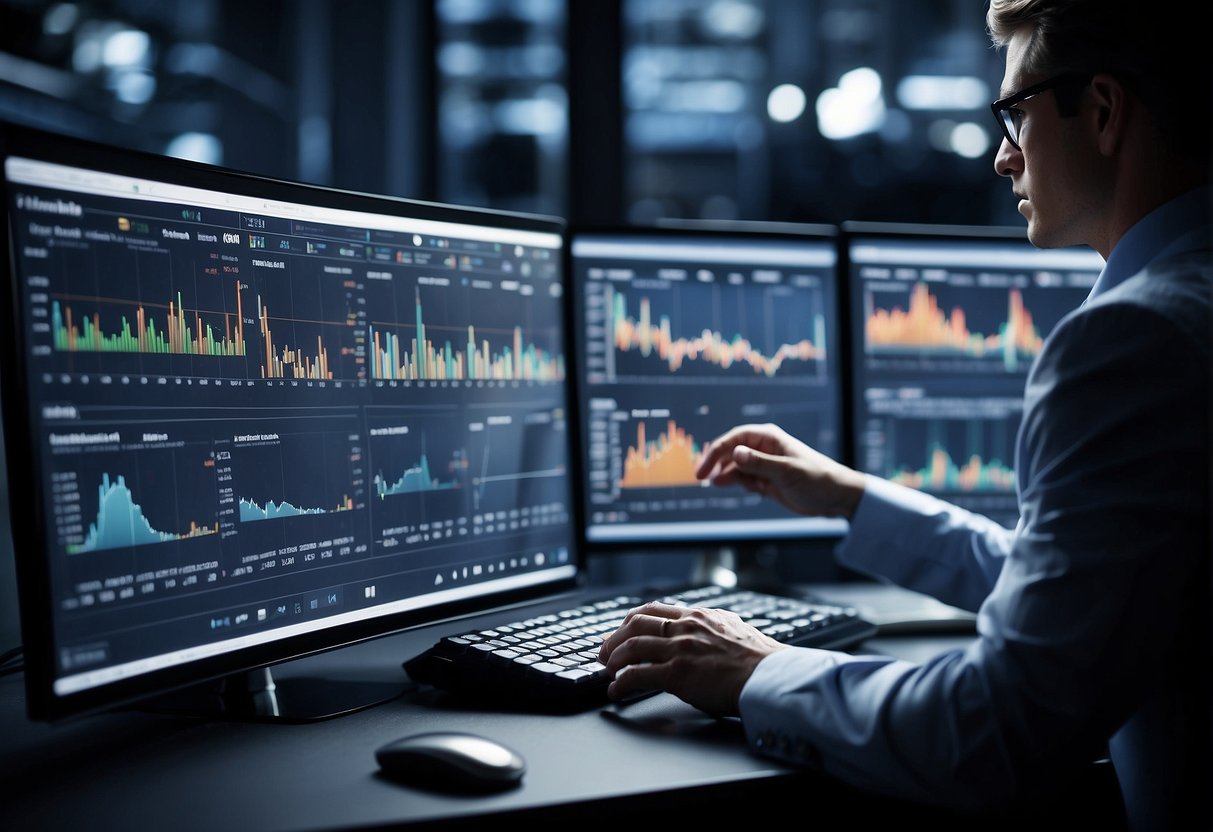 Various graphs and charts display competitor data. Software tools analyze market trends. A person uses a computer to access these tools