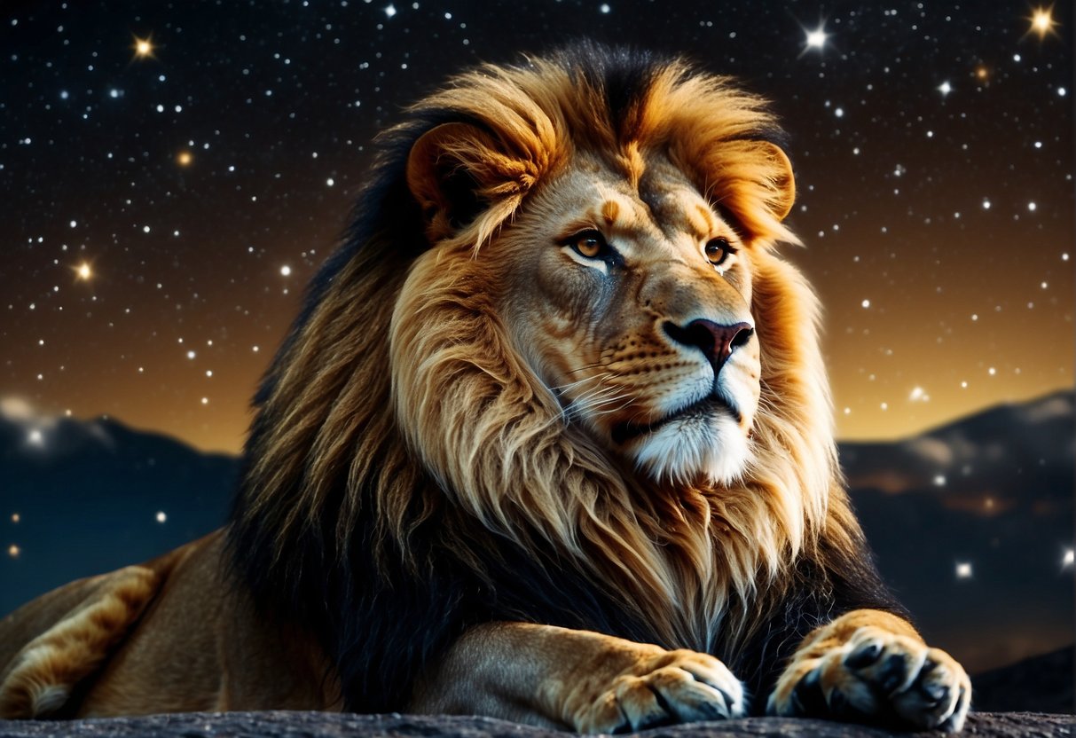 A regal lion surrounded by shining stars and the symbol of Leo, set against a backdrop of the night sky