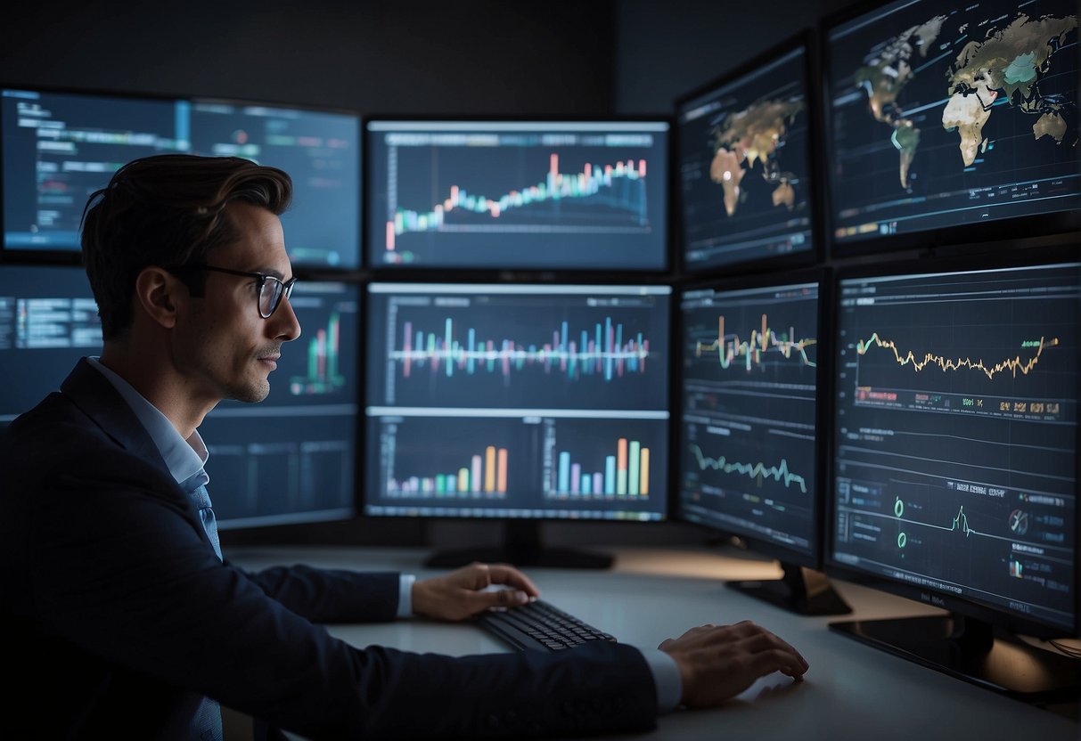Competitors' strategies being analyzed using AI. Charts, graphs, and data displayed on computer screens. Researchers discussing findings