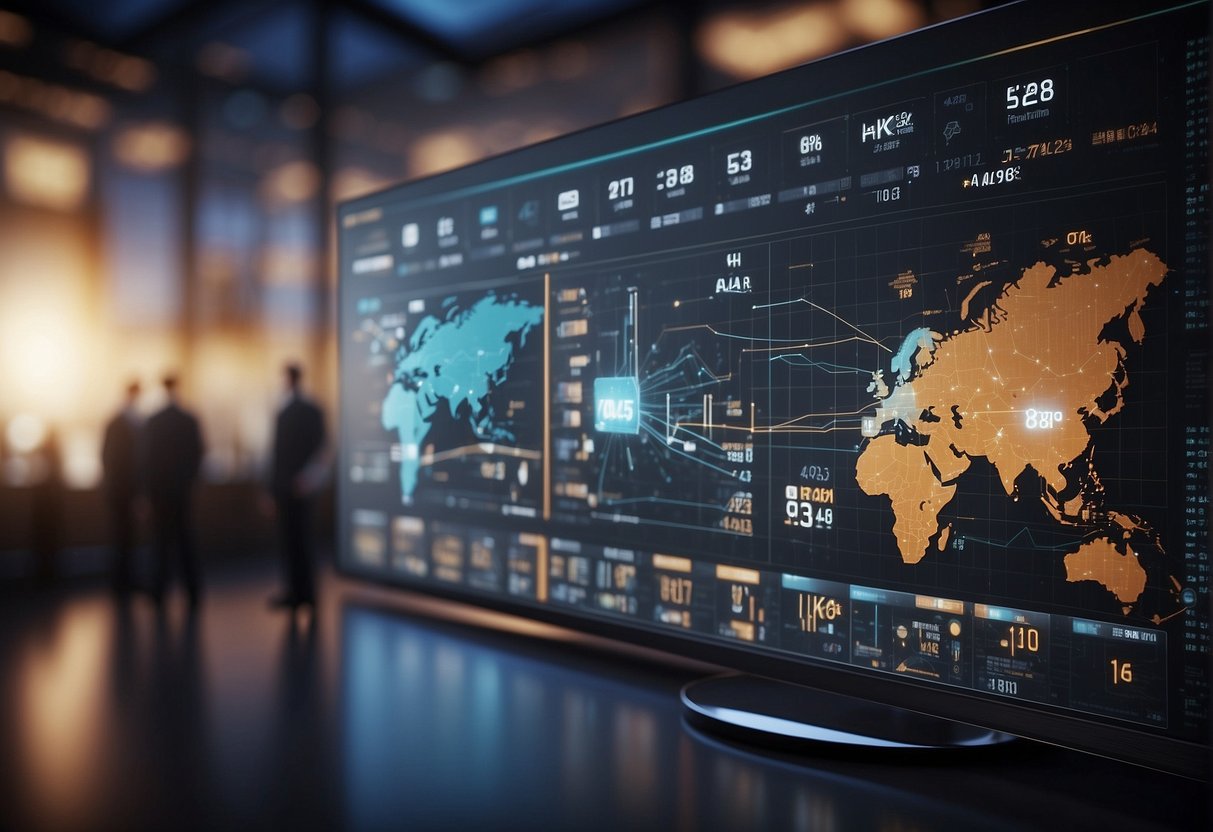 AI analyzes data, charts, and graphs. Competitor logos and names are displayed on a screen. AI algorithms process and generate insights for marketing strategy