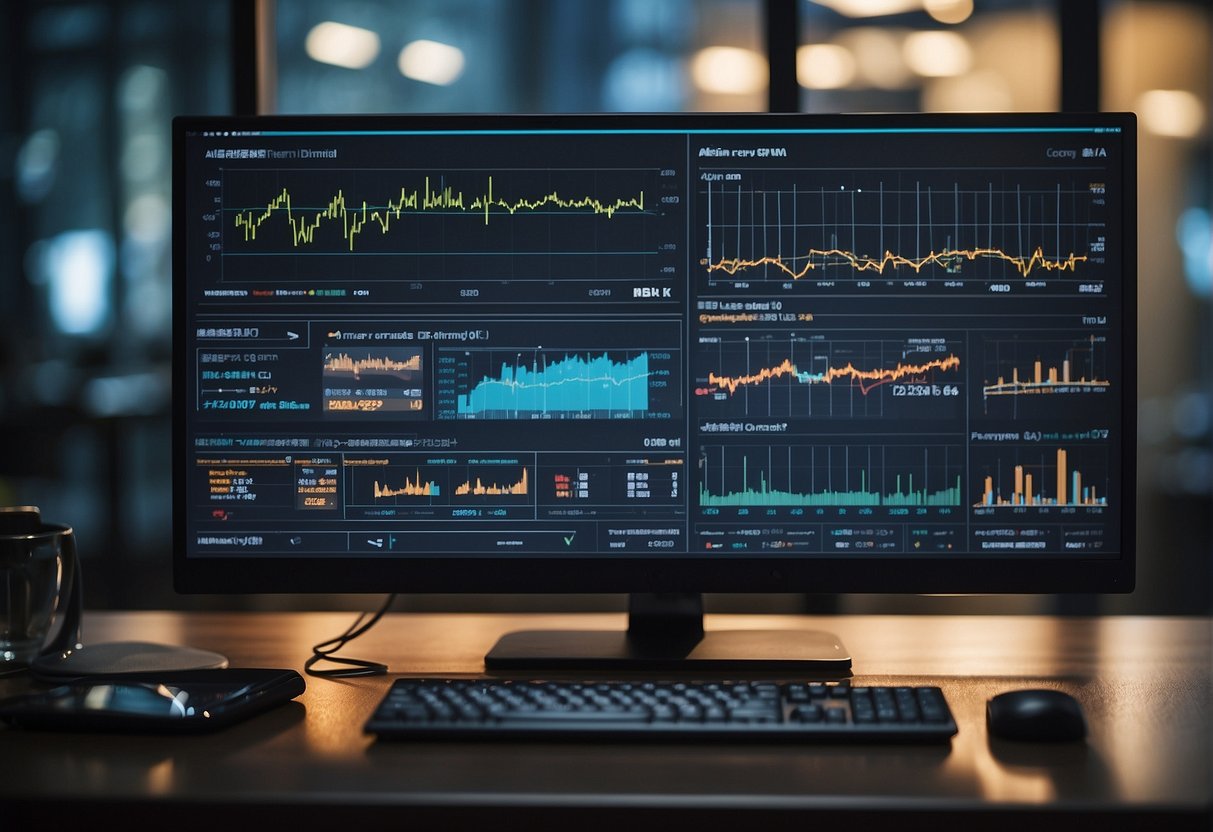 An AI system analyzes competitor data, displaying graphs and charts on a computer screen