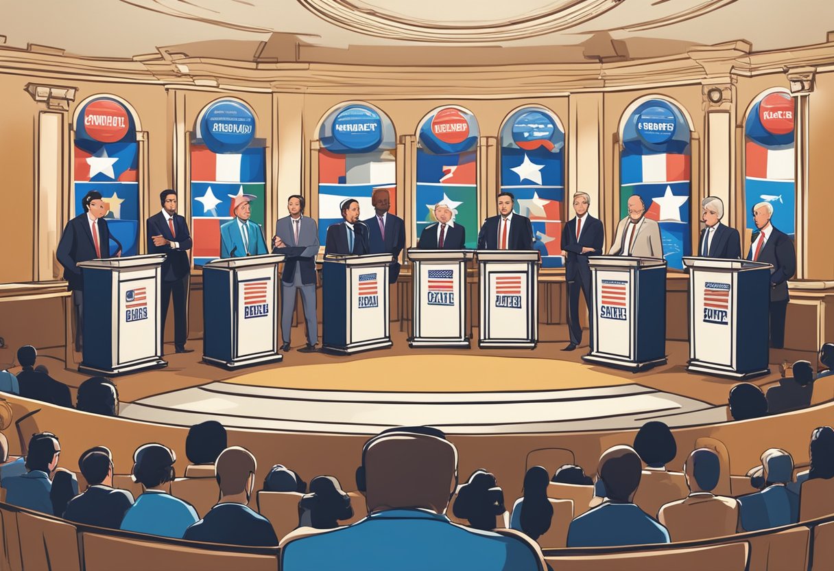 A crowded debate stage with podiums bearing party logos and candidate names. A diverse audience watches as candidates engage in lively discussion