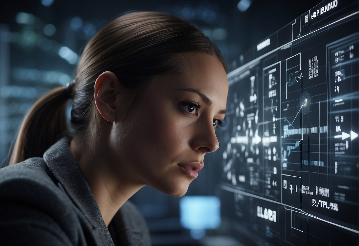 AI analyzing data, encountering obstacles. Competitor logos and data points present. AI struggling to process complex information