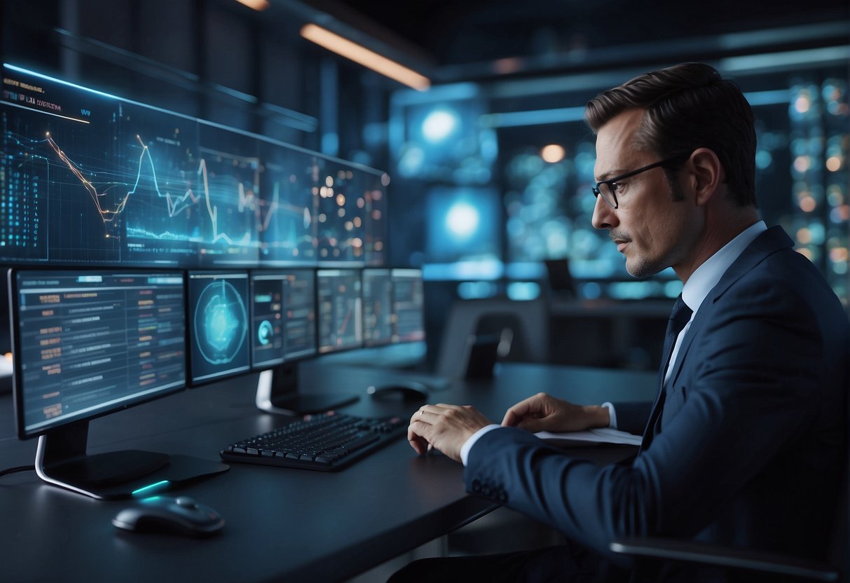 AI Competitor Analysis: A futuristic AI system scans and analyzes data from various sources, displaying insights and trends on a holographic interface